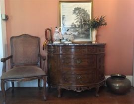 Lous XV style arm chair and an early 20th Century Demi Lune commode with marble top 