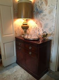 Vintage Duncan Phyfe style mahogany server with a pull out drawer tray, circa 1950.