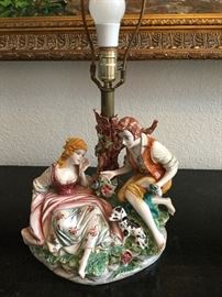 Lamps with delicate figures, mega big shades are below table- made in Italy, hand painted