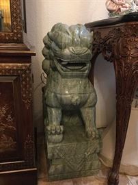 Front view of foo dog, one of two, this one approx 30 inches tall, 17.5 deep, 12 inches wide, solid stone hand carved showpiece