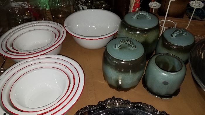 Much misc. Frankoma, red and white enamelware