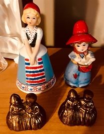 Antique and vintage! Solid Brass bells, having two different sounds. Additional vintage hand painted ceramic doll bells. Great condition and Just In Time for Christmas. Start a bell collection for that someone special in your life!