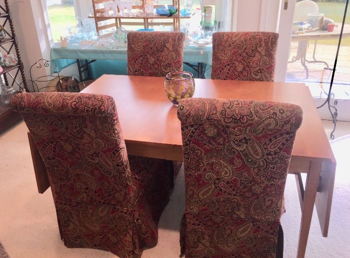 DROP LEAF TABLE AND 4 UPHOLSTERED CHAIRS