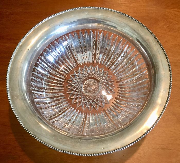 VERY NICE AND HEAVY CUT CRYSTAL BOWL WITH THICK STERLING SILVER RIM 
