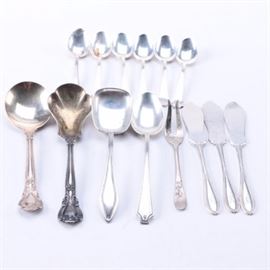 Gorham "Fairfax" and Other Sterling Silver Flatware: A fourteen-piece collection of sterling silver flatware. This includes six spoons by Gorham in the Fairfax pattern, first introduced in 1910, marked “Gorham Sterling Pat.” to the backs. They are presented with a set of three butter spreaders in the Trumbull pattern by International Silver, a pickle fork, a teaspoon in the Adolph Reimherr designed King Albert pattern by Whiting Manufacturing Co., a squared bowl sugar spoon in the Henry C. Quincy designed Mary Chilton by Towle, a shell bowl sugar spoon in the Chantilly pattern by Gorham with Frankfort, KY retailer M.A. Selbert mark, and a round soup spoon in the Chantilly pattern by Birks. Many of the spoons feature personalized engravings to the handles. The total approximate weight is 7.70 ozt.