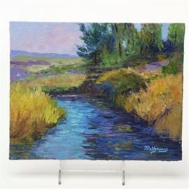 James Baldoumas 2017 Landscape Oil Painting on Canvas Board "Slow Moving Stream": A 2017 oil painting on canvas board by contemporary New Hampshire artist James Baldoumas titled Slow Moving Stream. The landscape piece depicts a peaceful stream flowing past colorful vegetation, rendered in textured impasto strokes of purple, yellow, green and blue hues. The work is signed in blue paint to the lower right and presented unframed. The piece includes a label to the verso with the artist’s name, work title and date written in blue ink; it also comes with a signed certificate of authenticity from the artist with printed information about the work. More information about the artist can be found by visiting the link in “Additional Information”, located below.