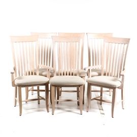 Upholstered Dining Chairs: A set of six upholstered dining chairs. These chairs feature cream and beige upholstery to the seats over four curved legs and an H shaped stretcher. Coordinates with items 17COL186-166 and 17COL186-169 in this sale.