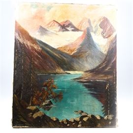 Antique Oil on Canvas: An antique oil on canvas. This oil painting exhibits a landscape comprised of a shore with trees, a reflective blue river and mountains to the distance in a muted palette of brown, rose and blue. The piece is unsigned.