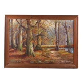 Original Oil Landscape: A landscape in oil. This painting on board features muted hues of autumn in the guise of a tree lined path and still pond. Signed by the artist to the lower right, this piece is presented in a significant wooden frame with wire to verso.