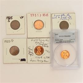 Collectible Pennies with 1919, 1925, and More: A lot of six collectible pennies, includes a 1925 S, 1925 P, 1951 P, 1970 S large date, 1957 graded, and a 1919 S.