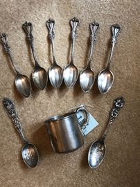 Sterling silver spoons and child cup, baby cup