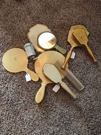 Vintage hand mirrors, brush, comb and advertising tin