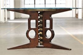 A Fabulous Round Glass Dining Table With Wood & Metal Base