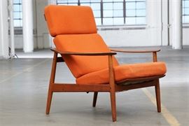 Mid Century Modern Lounge Chair In Orange Barkcloth