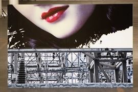 Massive Contemporary Color Photo Montage Mounted On Plexiglass- Red Lips Over An Industrial Warehouse