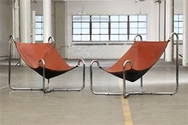 Pair Of Dramatic Leather And Steel Sling Chairs