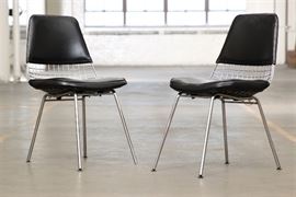 Pair Of Chrome And Black Leather Wire Chairs