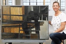 Modern Acrylic On Canvas- Scene With Ladders To An Upper 