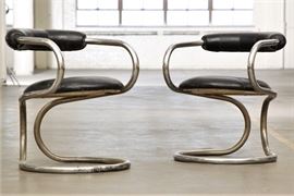 Pair Of Vintage Tecnosalotto Manlova Italy Chrome And Leather 