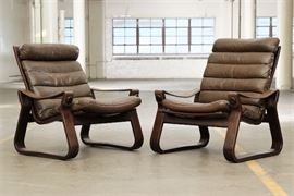 Pair Of Brown Danish Mid Century Modern Leather Chairs