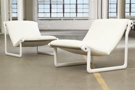 Pair Of Mid Century Modern Leather And White Enamel Sling Chairs