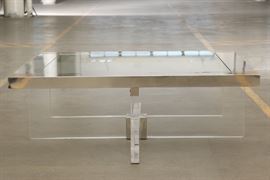 Large Brass, Stainless Steel And Lucite Cocktail Table