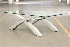 Grey Paint Decorated "X" Form Base And Glass Cocktail Table