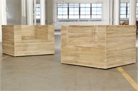 Pair Of Bold Box Form Rattan Armchairs