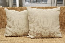 Pair Of Custom Pillows In Linen Woven Floral Pattern With Down Inserts