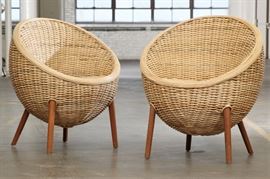 Pair Of Larger Size Woven Rattan Tub Form Chairs