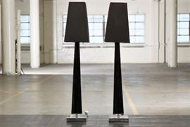 Pair Of Black Glass Column Lamps With Shades