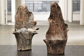 Pair Of Carved Wood Sculptural Vessels