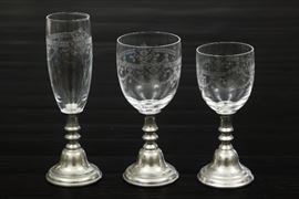 Three Pewter And Engraved Glass Stemware
