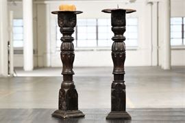 Pair Of Ebonized Carved Wood Candle Pricks