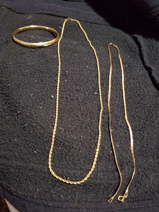 14kt gold 2 necklaces 1 bangle bracelet