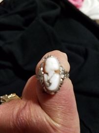 14kt white gold vintage cameo with tiny diamond.