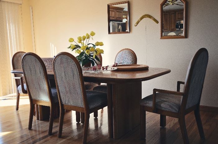 Oak Dining Table with Six Chairs, Framed Mirrors