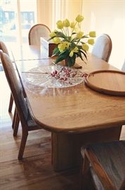 Oak Dining Table with Six Chairs, Floral Decor, Glass Platter, Wooden Platter
