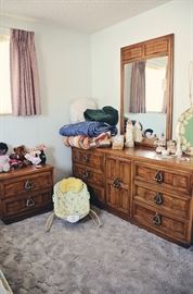 Baby Vibrating Bouncy Chair, Vintage Dresser with Mirror and Side Table (match King Bed Frame downstairs)