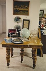 Library Table (w/ 3 Leafs), Vintage Meat Grinder, Globe, Vintage Polaroid Camera