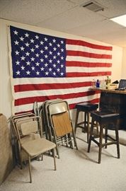 American flag, Card Tables and Metal Fold-Out Chairs