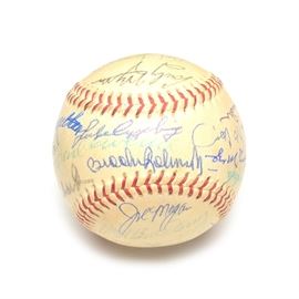 Hall of Fame Signed Baseball COA: An American League (Cronin President) autographed baseball signed by over twenty Hall of Fame Major League baseball players/umpire. The signatures have been authenticated by JSA; a full letter is included. The signatures include: Freddie Lindstrom, Stan Musial, Cal Hubbard (umpire), Stan Coveleski, Johnny Mize, Duke Snider, Bill Terry, Yogi Berra, Burleigh Grimes, Joe Cronin, Al Kaline, (2) Bob Feller, Willie Stargell, Whitey Ford, Enos Slaughter, Billy Herman, Early Wynn, Luke Appling, Brooks Robinson, Willie McCovey, Earl Averill, Bob Lemon, Joe Morgan, Buck Leonard and one faint signature. The signatures are done in different inks.