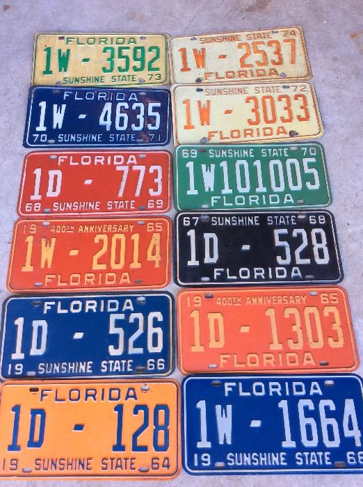 Lot of 22 Vintage Florida License Plates, 1942 - 1974. 