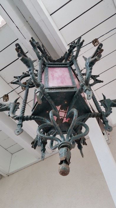 Large  (approx 3' x 2') antique wrought iron and slag glass hanging lamp/lantern from a closed down restaurant in San Francisco's Chinatown $1,800