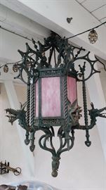 Large  (approx 3' x 2') antique wrought iron and slag glass hanging lamp/lantern from a closed down restaurant in San Francisco's Chinatown $1,800