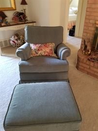 Blue grey linen chair and ottoman