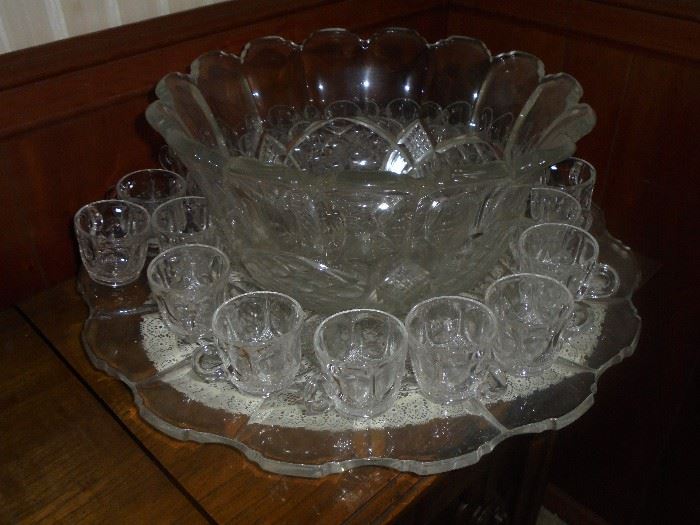 Cut glass punch bowl w/24 cups and tray
