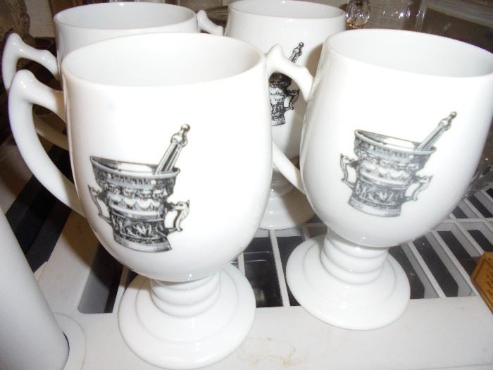 4 pharmaceutical mugs  Kayson morter pedestal Irish coffee mugs 