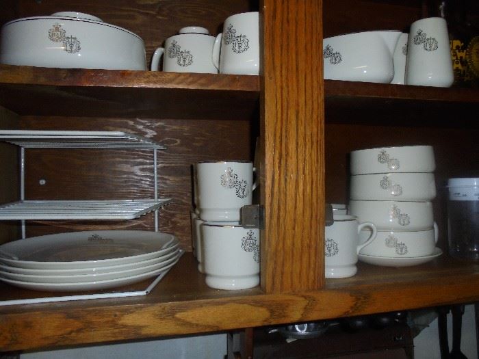 RX Caduceuson vintage rare china. 4 plates, 6 cups, 4 cereal bowls, tureen, sugar & creamer, & salt pepper shakers