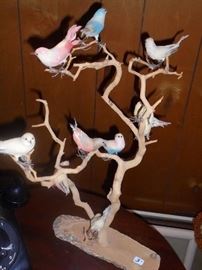 birds perched on tree limb 